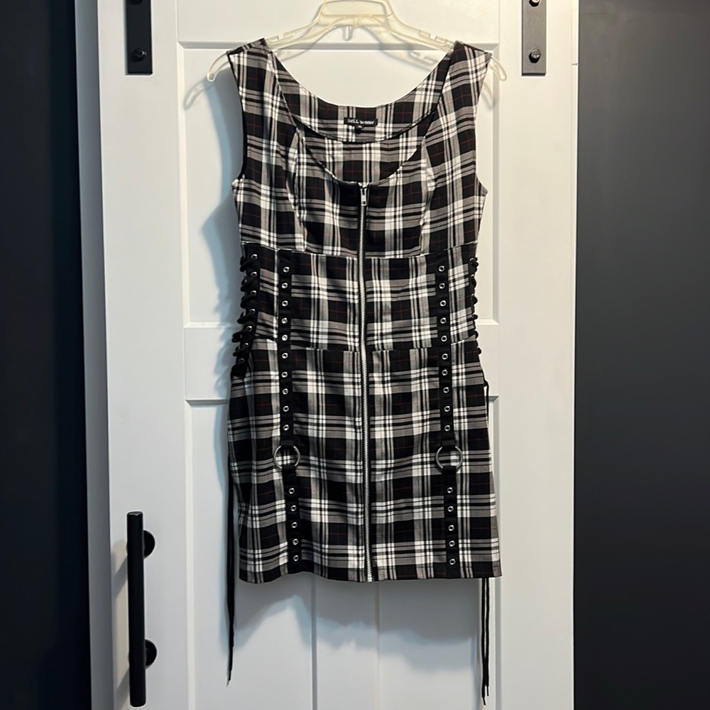 Hell Bunny Corset Lace Up Style Zip Plaid Mini Dress Size XL, Black White Red